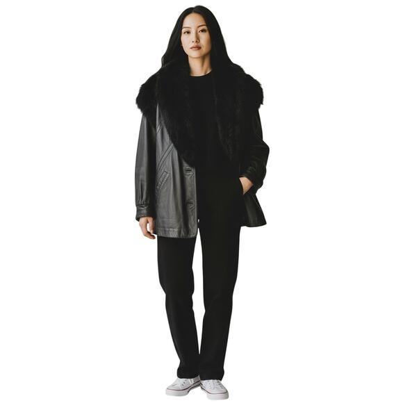 Vintage 80s J x Percy Marvin Richards Leather Coat Fur Collar Black Womens Large - Picture 3 of 16